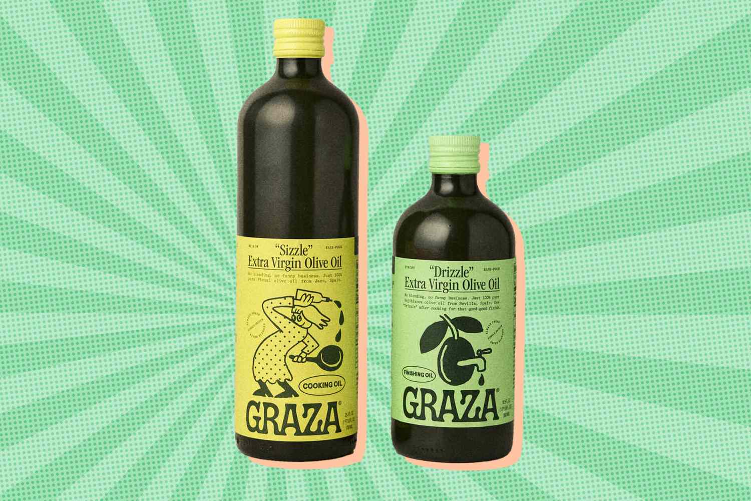 Two bottles of Graza Extra Virgin Olive Oil labeled Sizzle and Drizzle against a green radial background