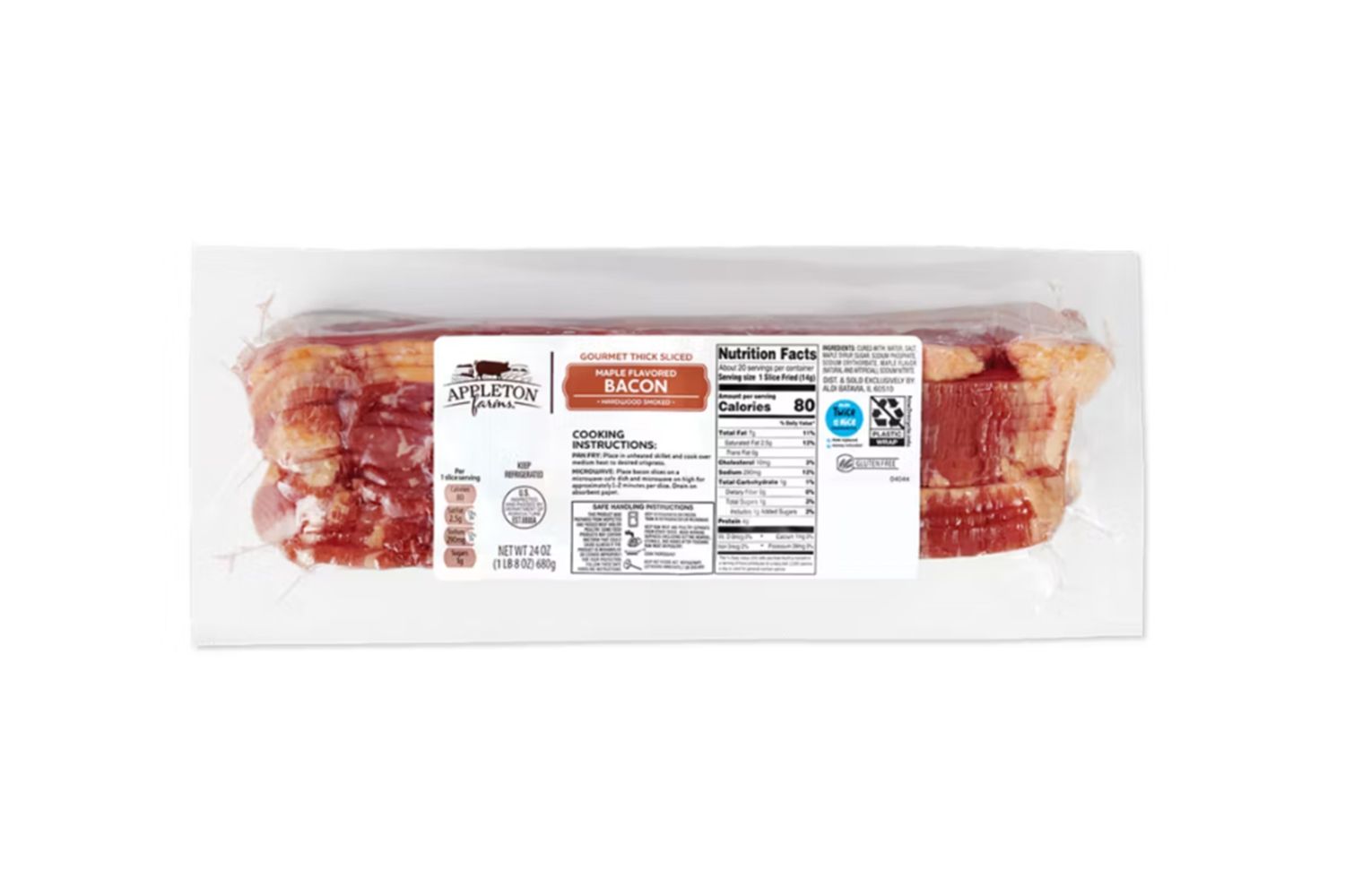 Package of Appleton Farms bacon with nutrition facts visible on the label