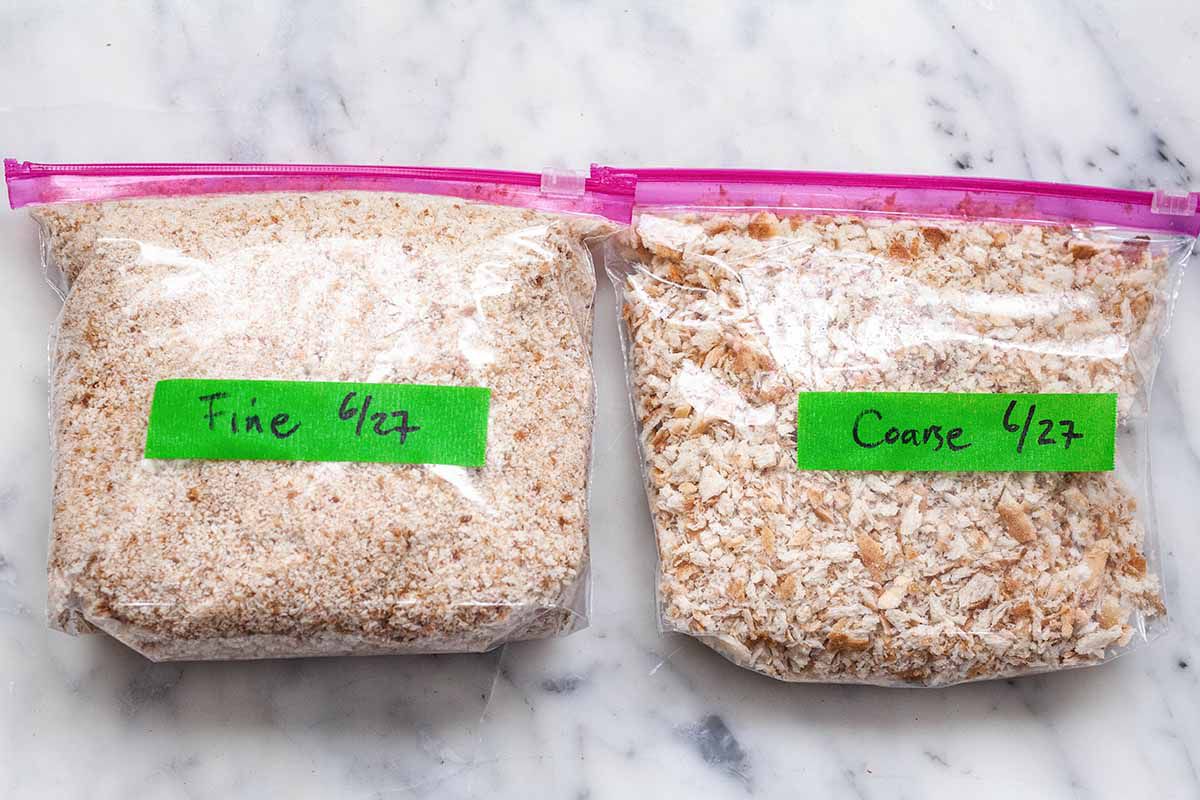 Bread Crumb Recipe - breadcrumbs in ziploc bags labled with green tape