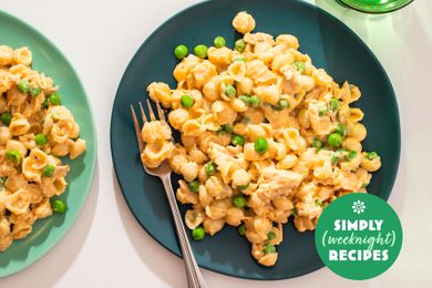 Plate of creamy pasta with peas and a fork, Simply Weeknight Recipes logo in the corner