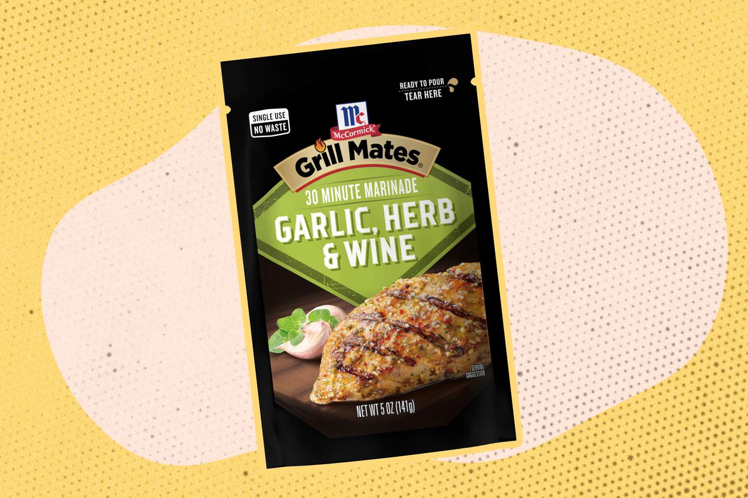 McCormick Grill Mates 30-minute marinade packaging with "Garlic, Herb & Wine" flavor