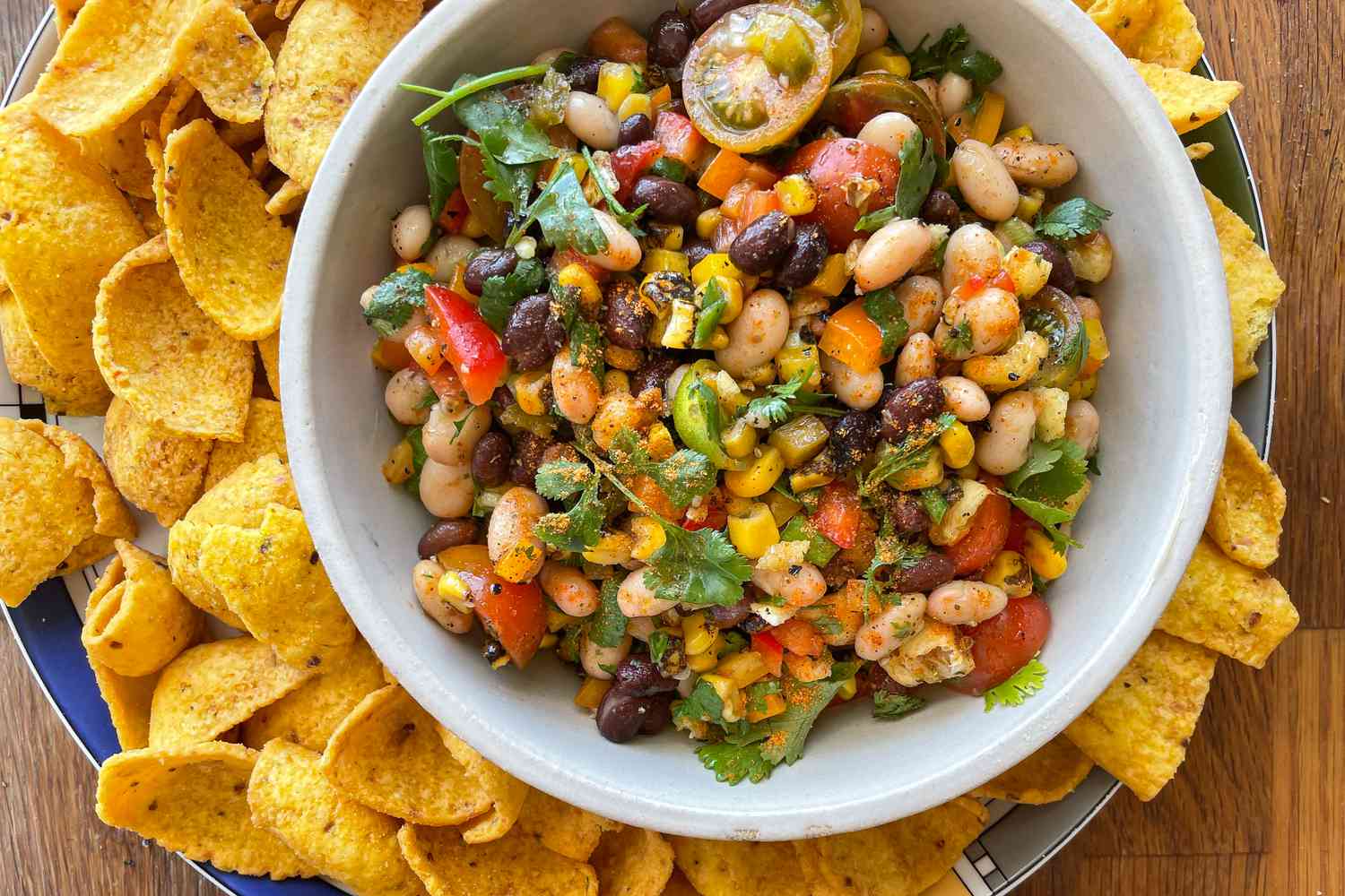 Trader Joe’s Homemade Cowboy Caviar in a Bowl Surrounded by Chips