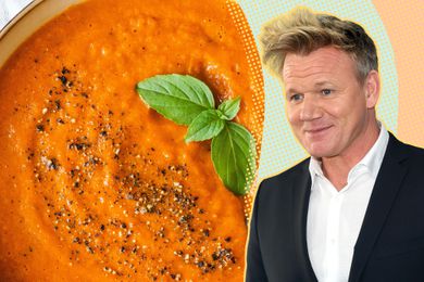 A spkit image of a bowl of tomato soup and Gordon Ramsey