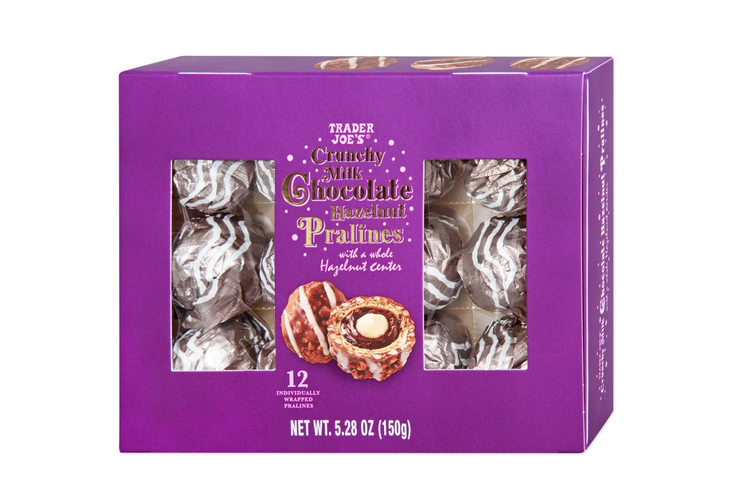 Package of Trader Joe's Crunchy Milk Chocolate Hazelnut Pralines on a white background