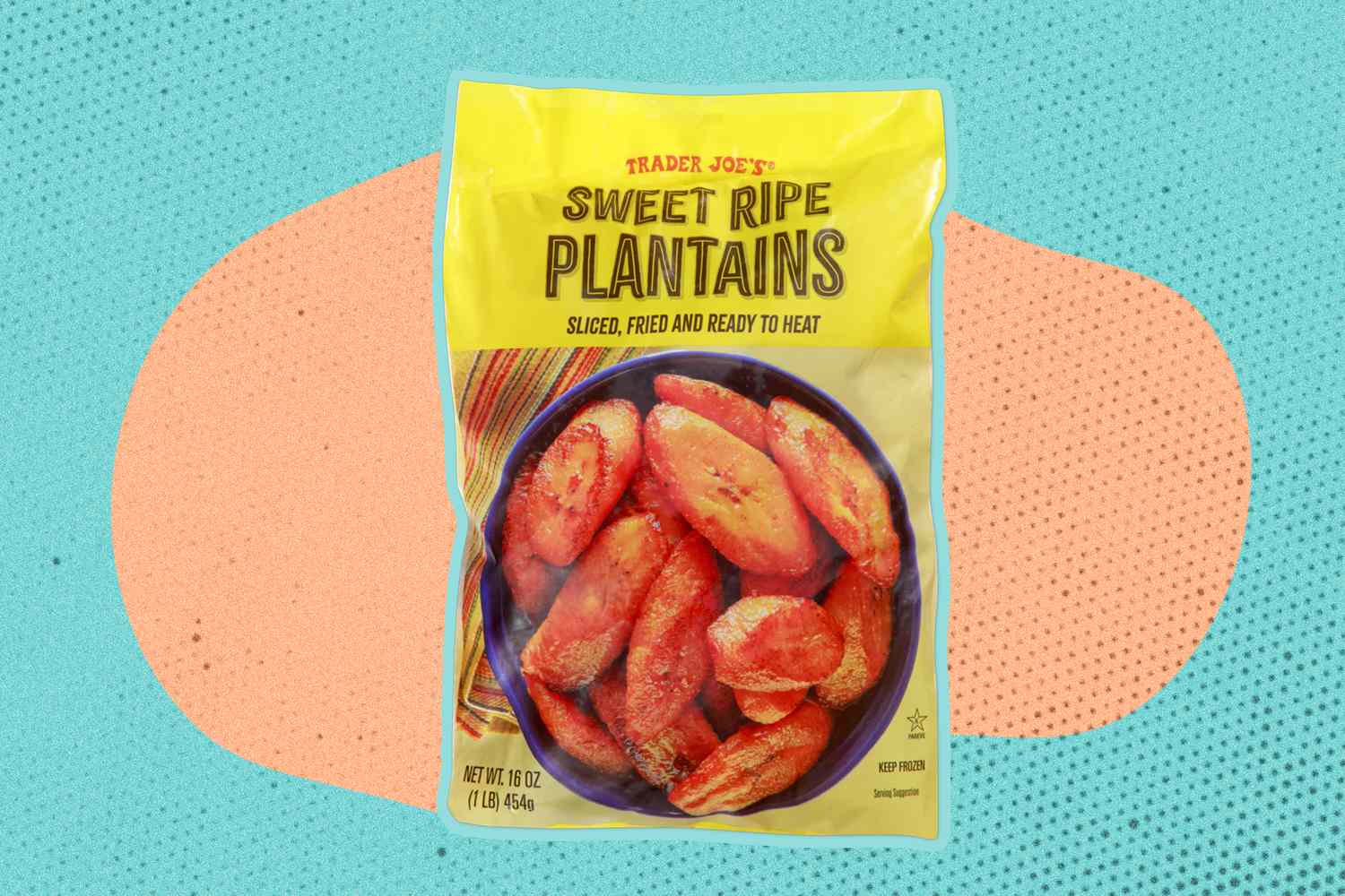Package of Trader Joe's Sweet Ripe Plantains on a blue and orange speckled background