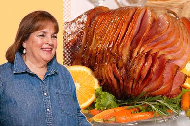 Ina Garten headshot on a yellow speckled background next to a glazed ham