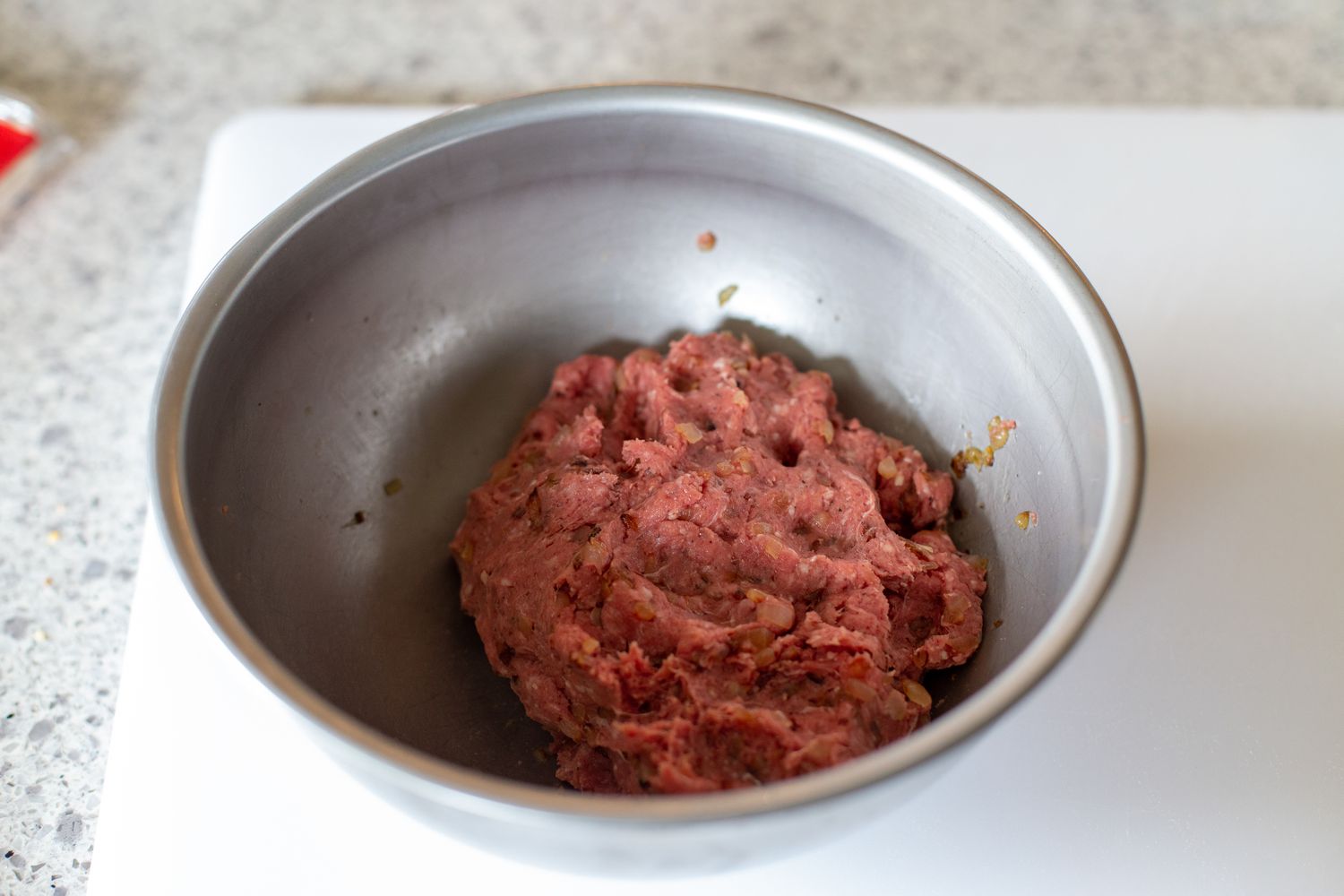 Ground beef filling in bowl for kreplach