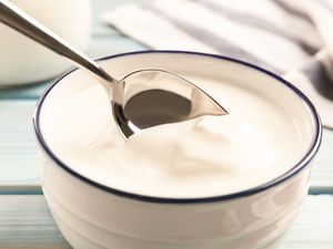 A bowl of yogurt with a metal spoon resting on it