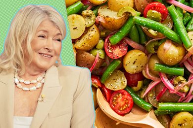 Martha Stewart and a bowl of potato salad with green beans and tomatoes