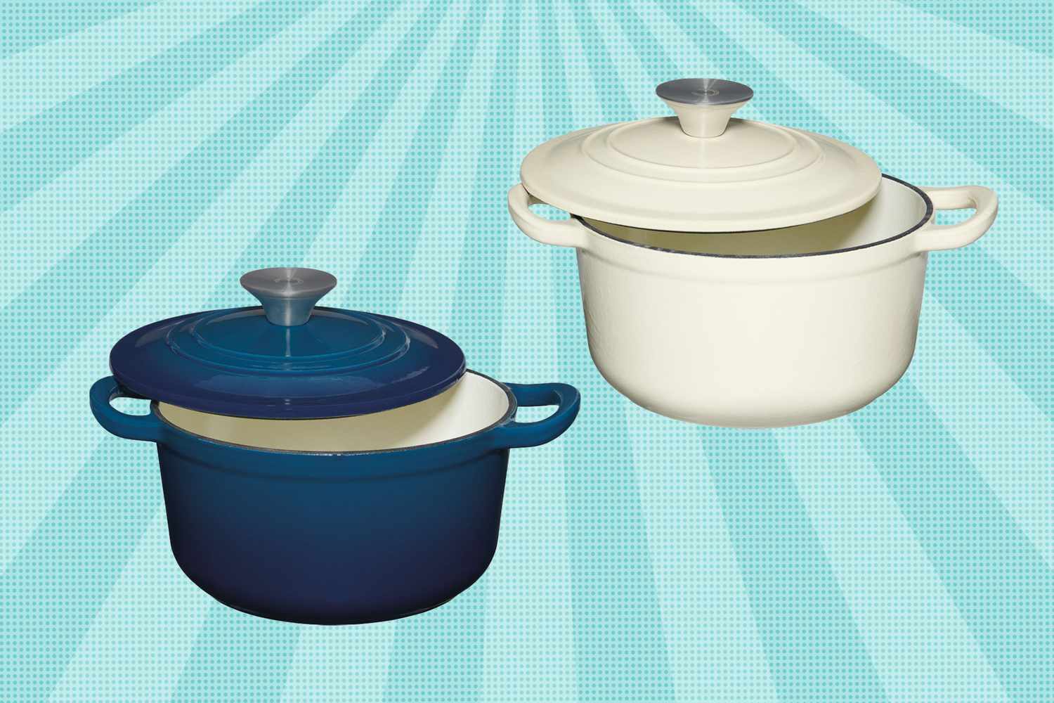 Two cast iron Dutch ovens one blue and one white with lids displayed on a patterned background