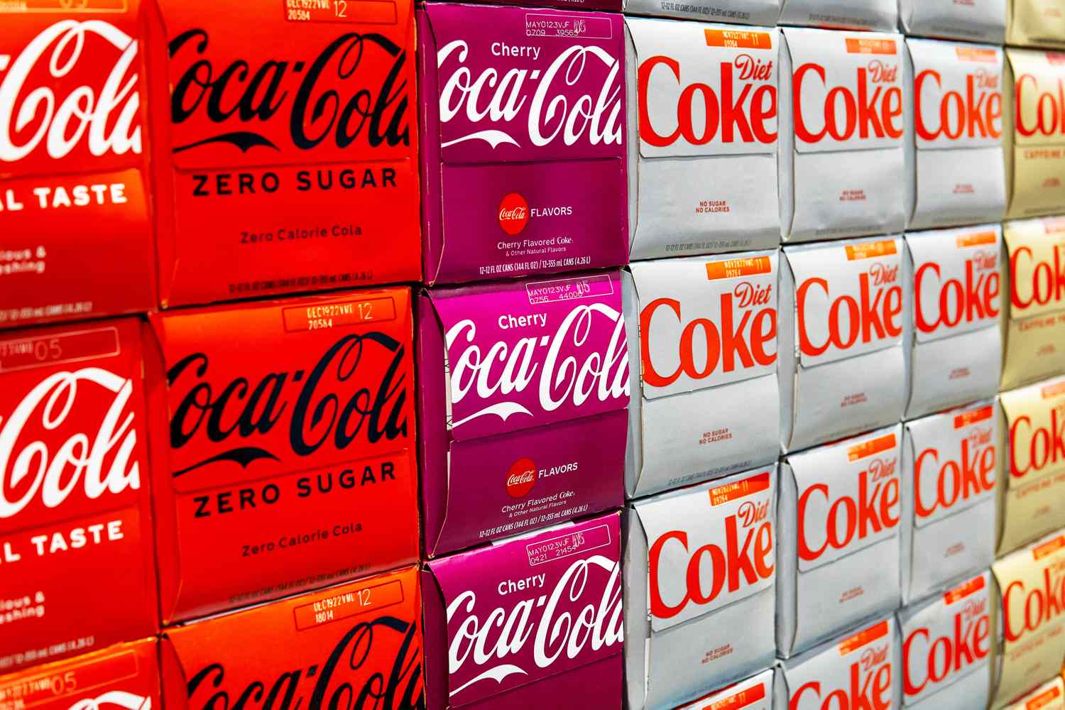 Stacks of Coca-Cola and Diet Coke packages
