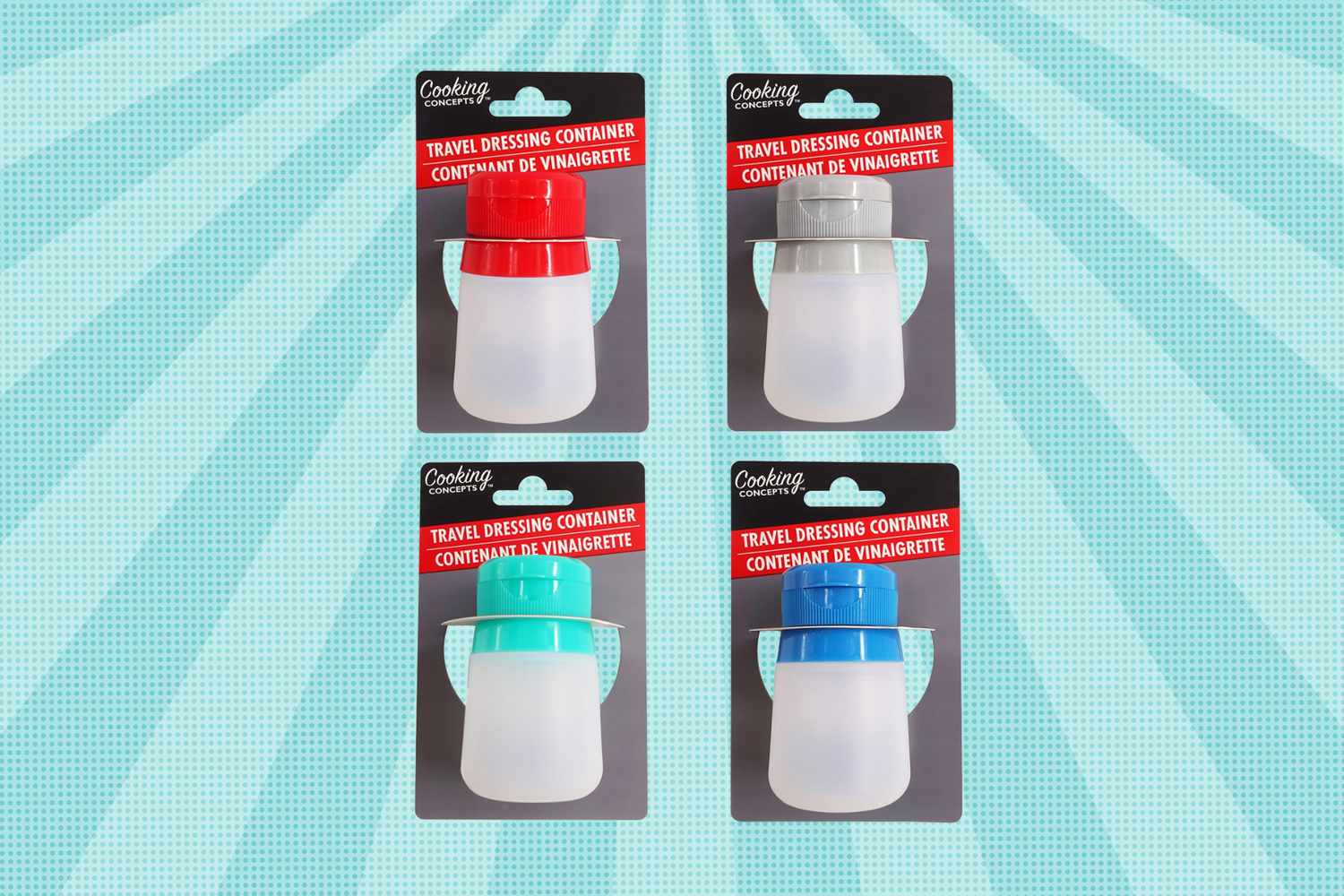 Four silicone salad dressing containers in packaging each with a different colored cap displayed against a light patterned background
