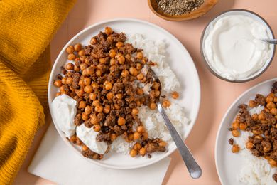 plate of 20-Minute One-Pan Beef and Chickpeas with rice and greek yogurt