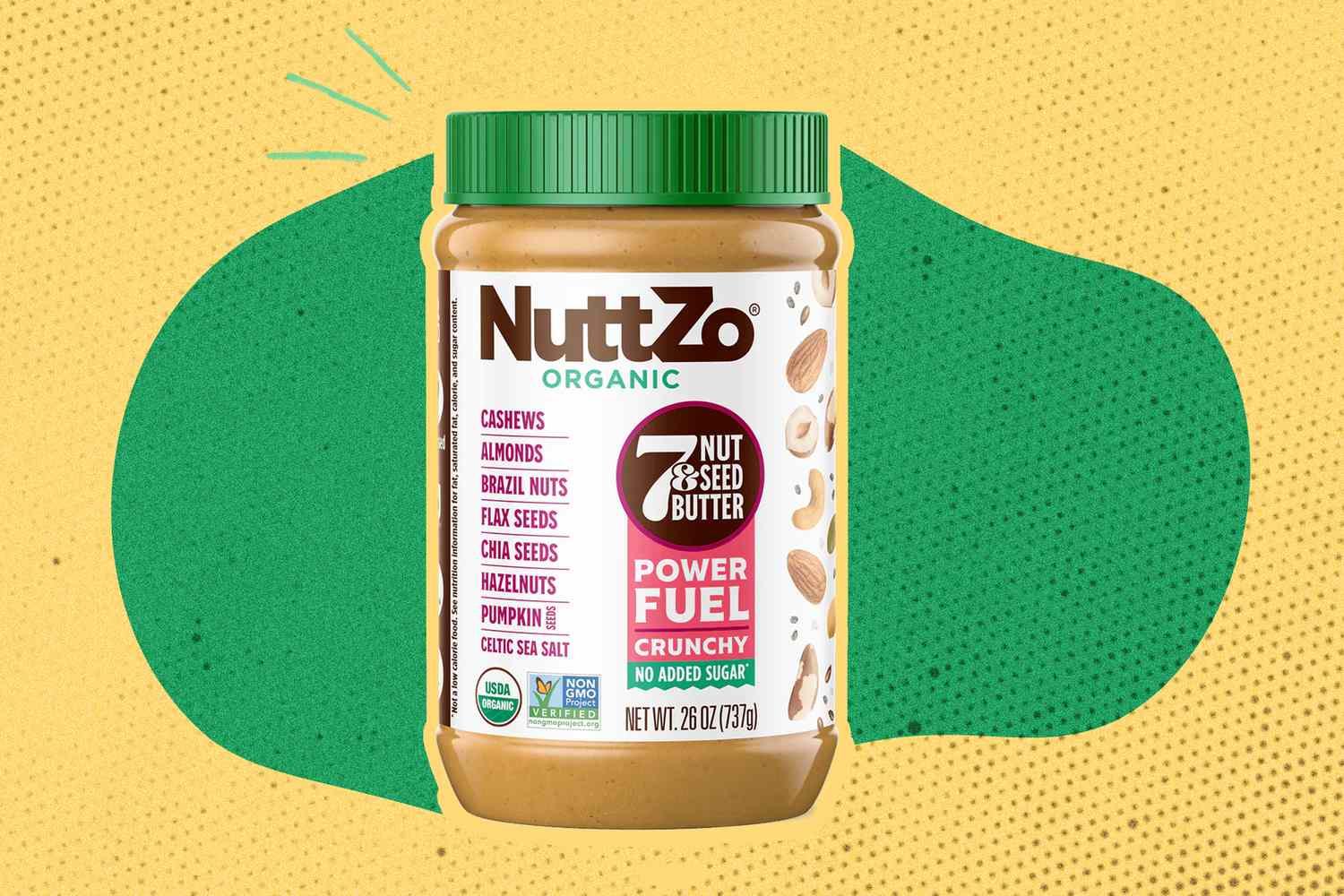 Nuttzo Organic jar over a yellow and green background 