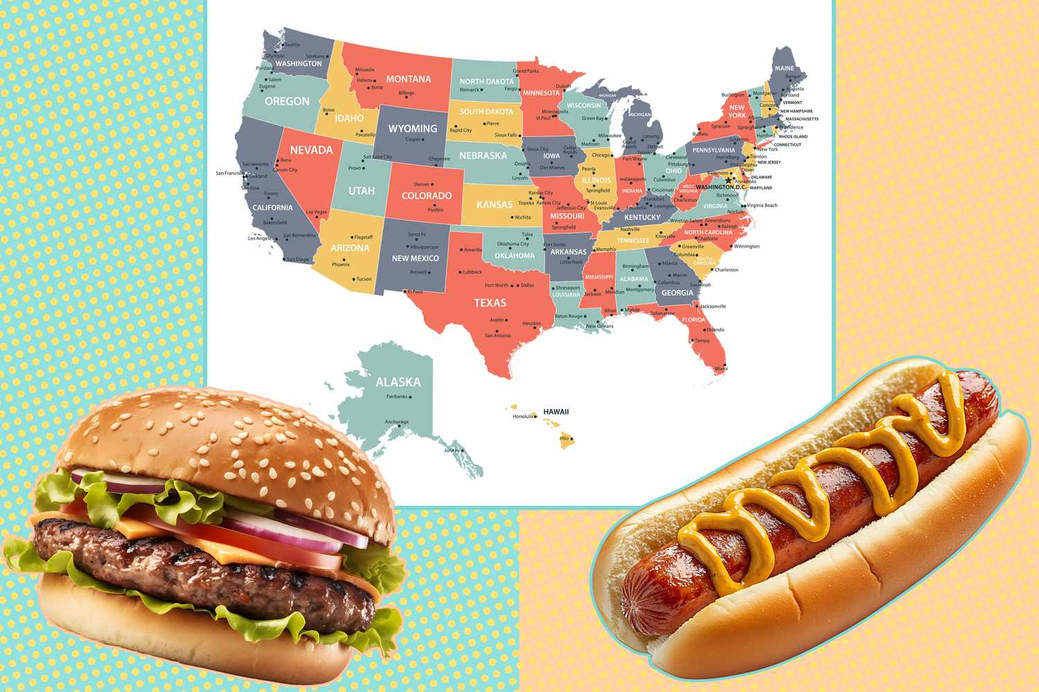 A map of the United States with a burger and hot dog in the foreground