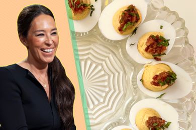 A split image of Joanna Gaines and a plate of deviled eggs garnished with herbs and bacon bits