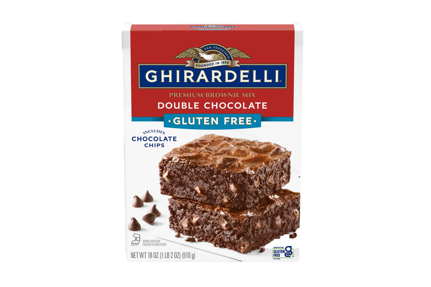 Box of Ghirardelli Double Chocolate Gluten Free Brownie mix on a white background