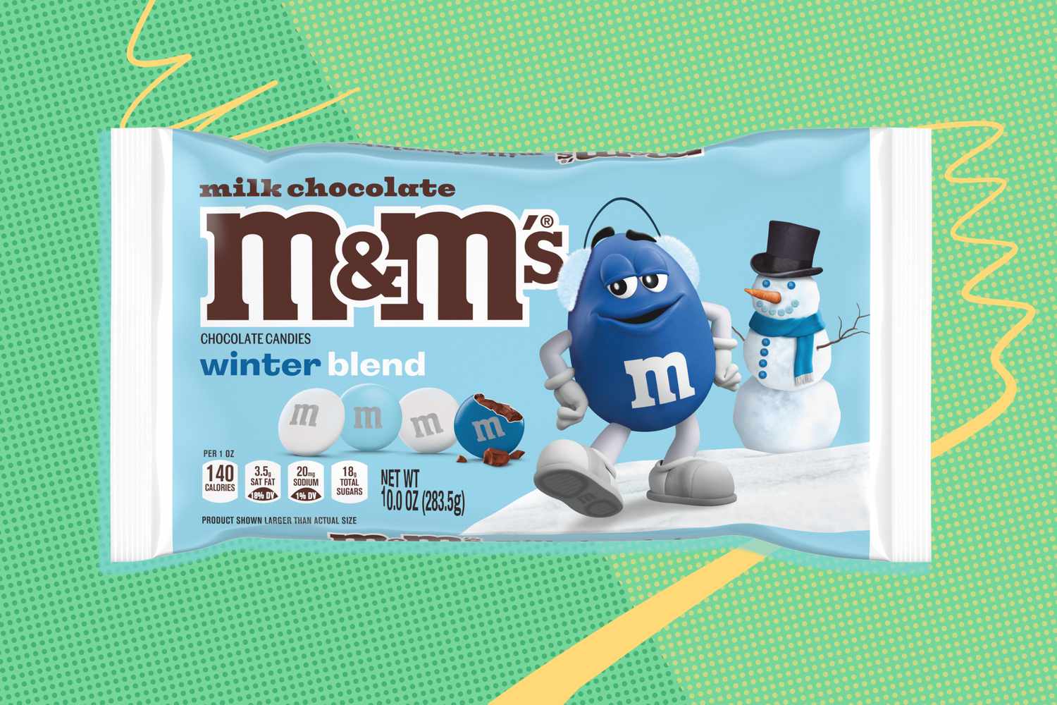 Bag of MMs winter blend with blue mascot and snowman on packaging