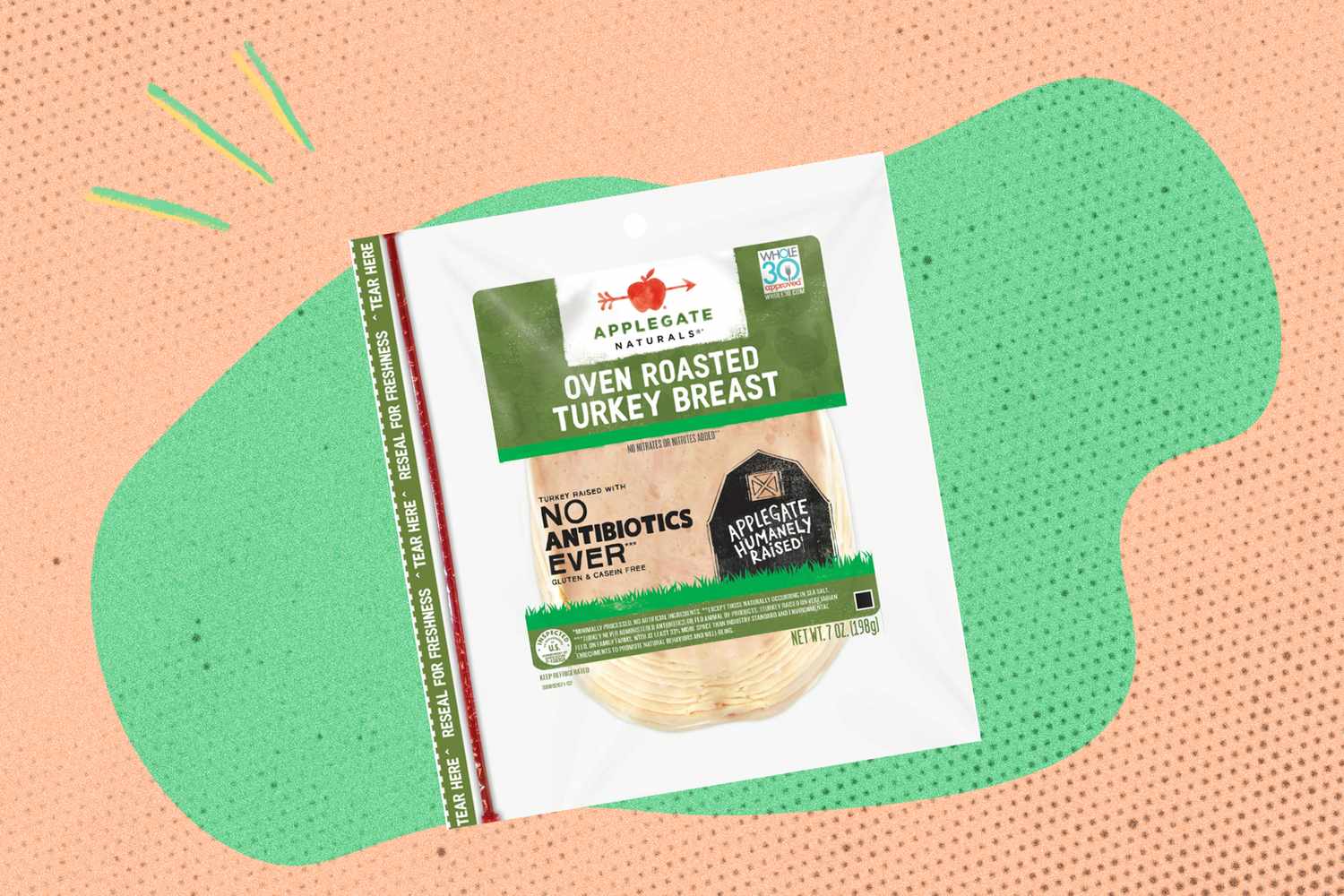 A package of Applegate oven roasted turkey breast displayed against an abstract background