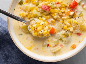 Potato corn chowder recipe with bacon in a bowl