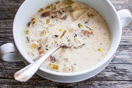 Bowl of Classic New England Chowder with a Spoon
