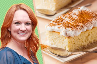 Ree Drummond next to a dessert slice of tres leches cake