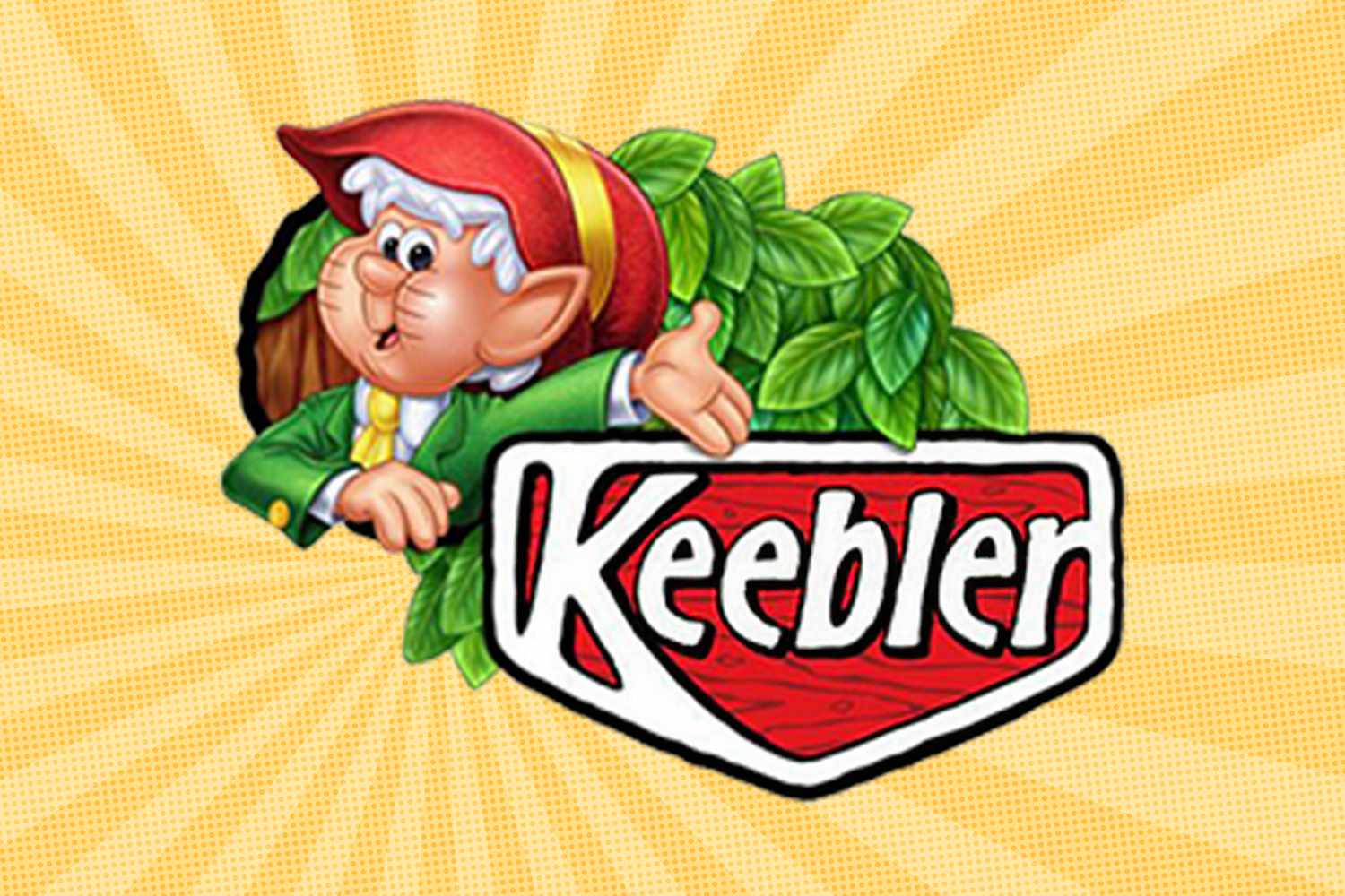 Keebler Elf mascot beside the Keebler logo with a background of yellow radial lines