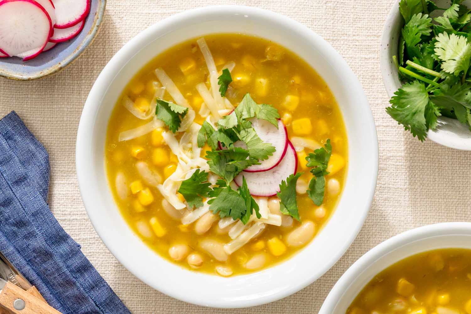 Bowl of chili verde topped with radishes cheese and cilantro
