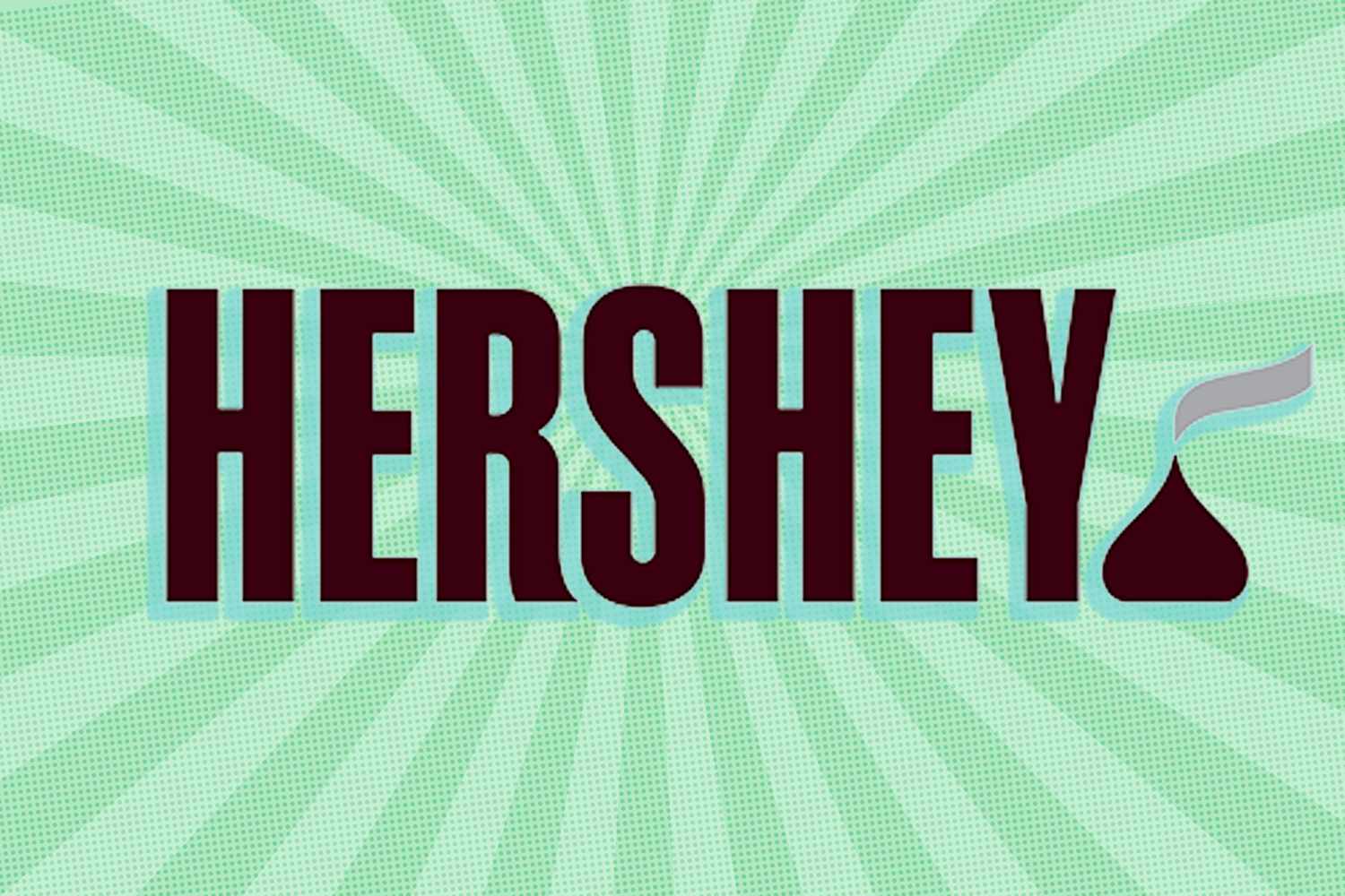 Hersheys logo with stylized chocolate drop against a radial background