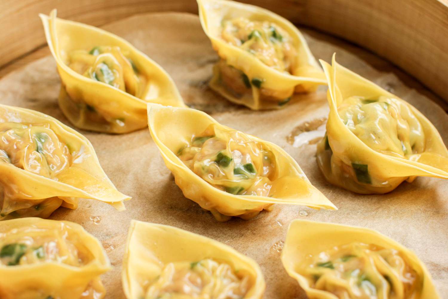 Pork and Chive Dumplings in a Lined Bamboo Steamer