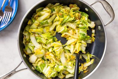 overhead view of a pan of Stir Fried Napa Cabbage