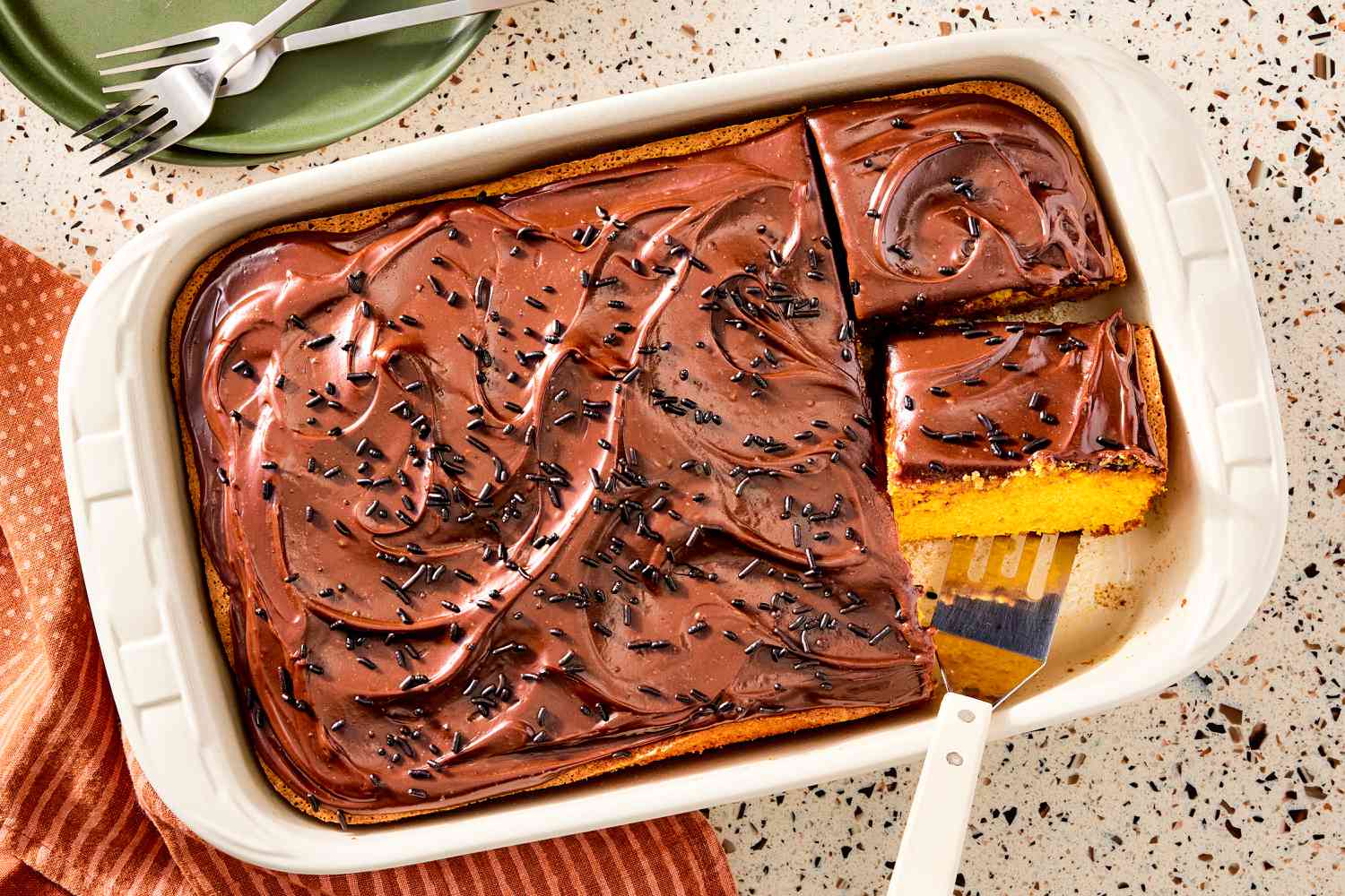 overhead view of Brazilian Carrot Cake in baking dish