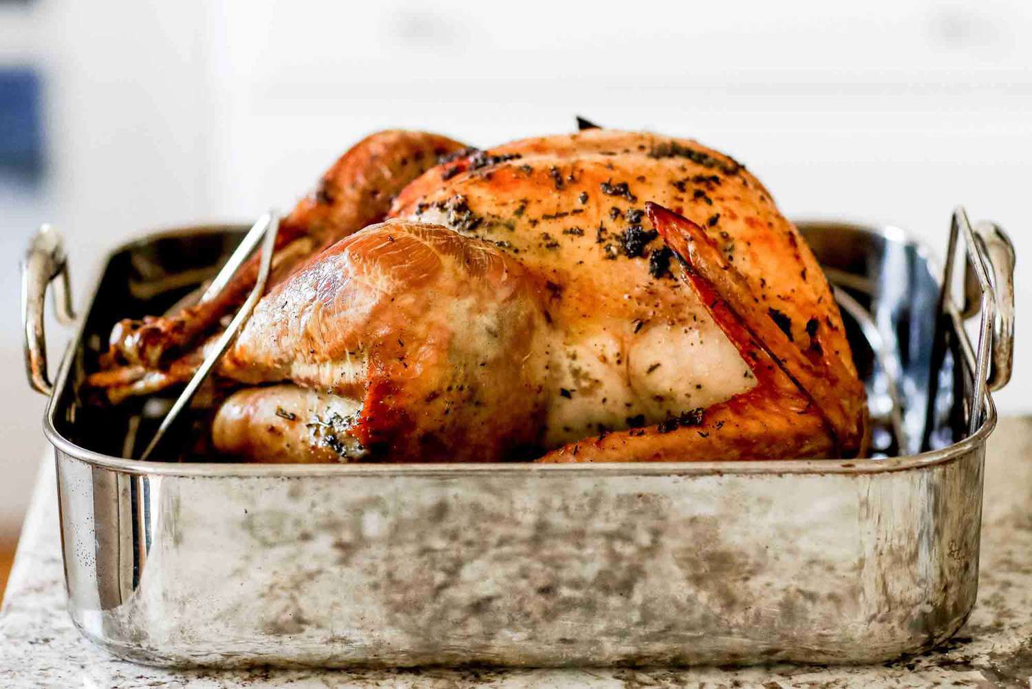 A roaster with a dry brined roasted turkey ready to carve.