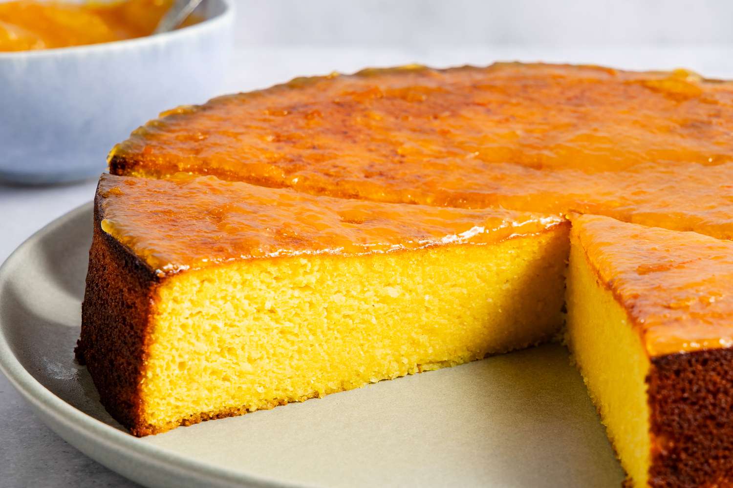 Whole Orange Cake, close up, 2 slices cut out