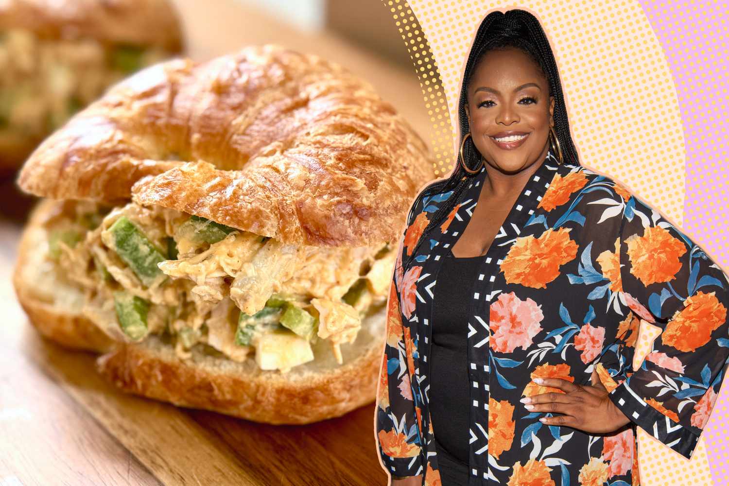 Chicken Salad Sandwich on a croissant next to an image of Kardea Brown