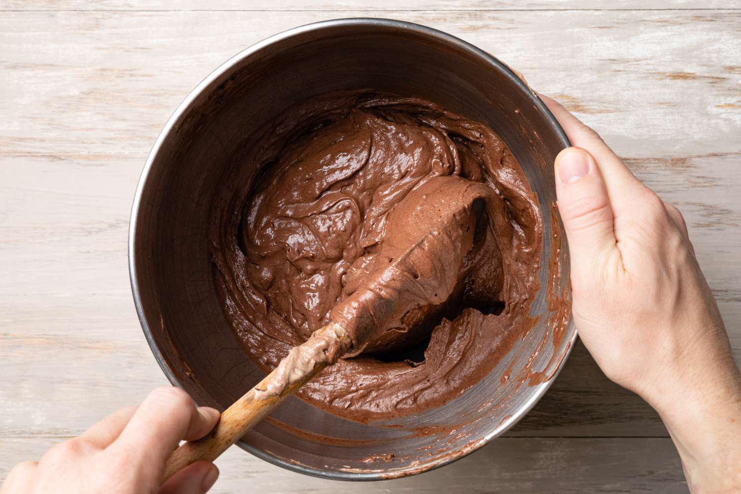 Whoopie Pie Batter Folded Together in Mixer Bowl Using a Spatula 