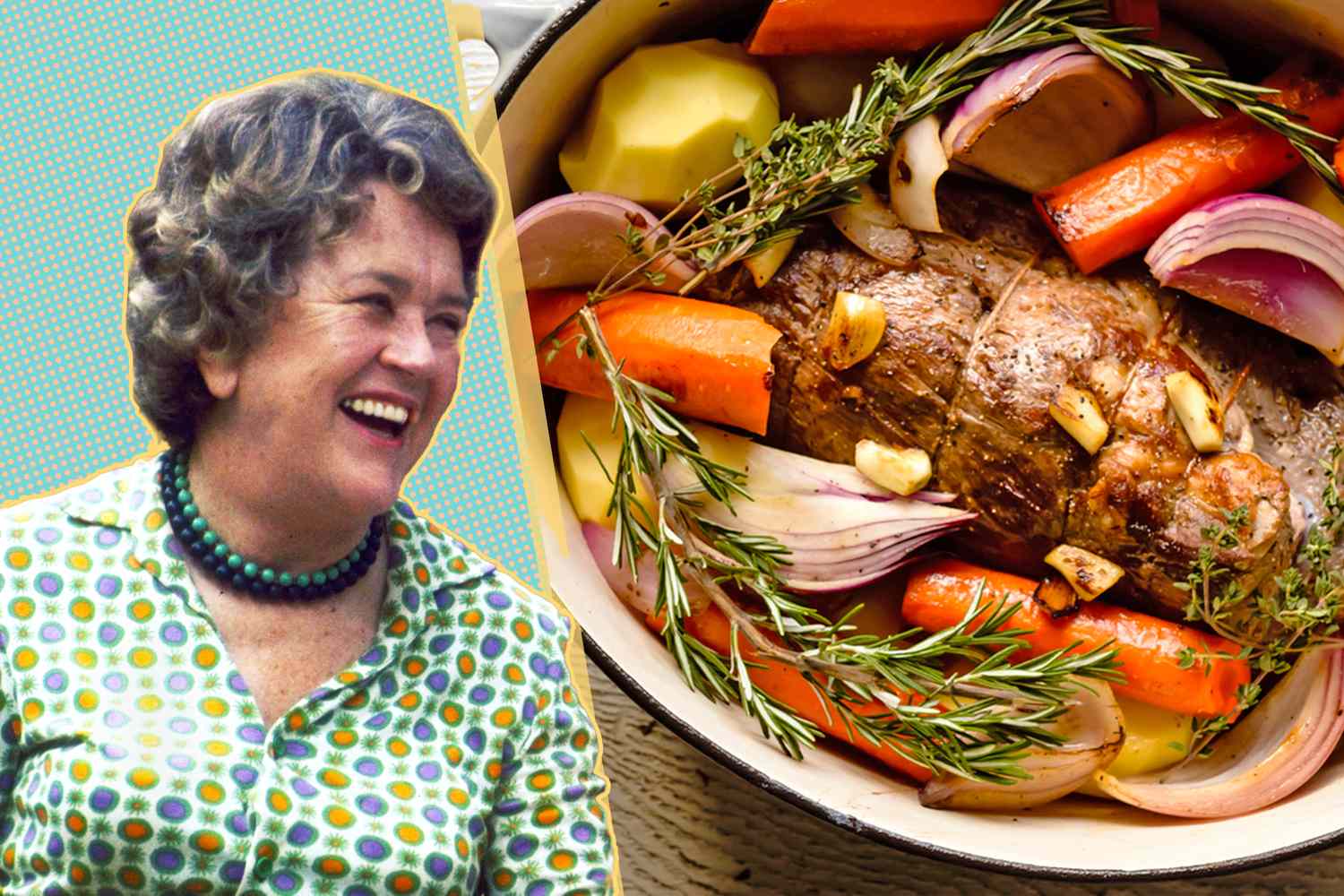 Julia Child smiling next to a pot roast with vegetables