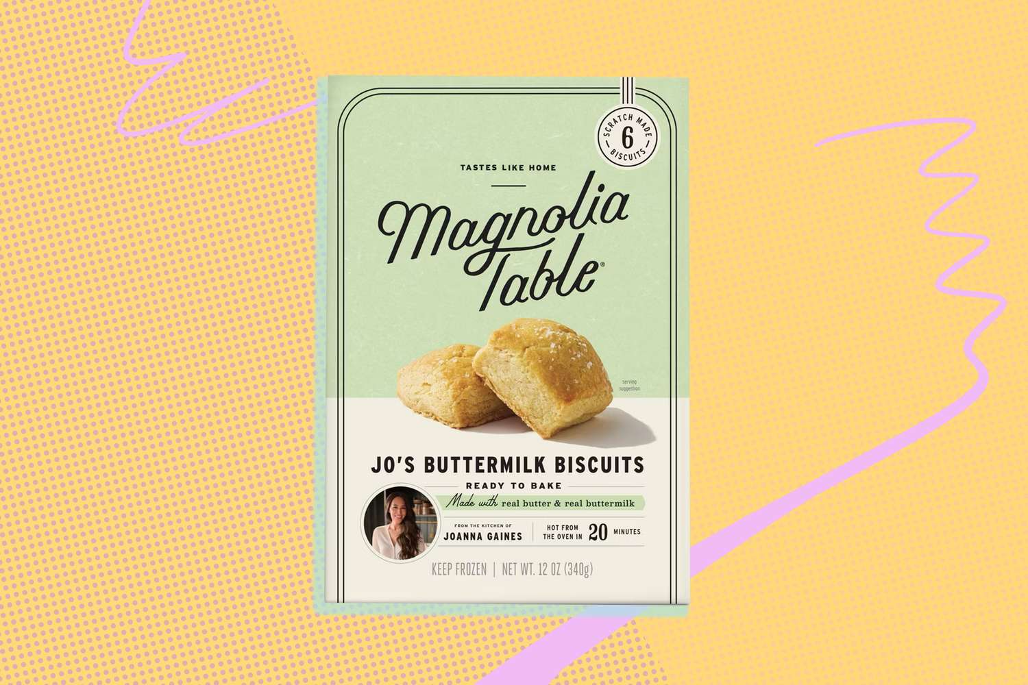A box of Magnolia Table Jos Buttermilk Biscuits readytomake biscuits with a photo on the front