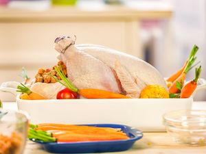 Raw turkey prepared in a dish with vegetables like carrots and squash