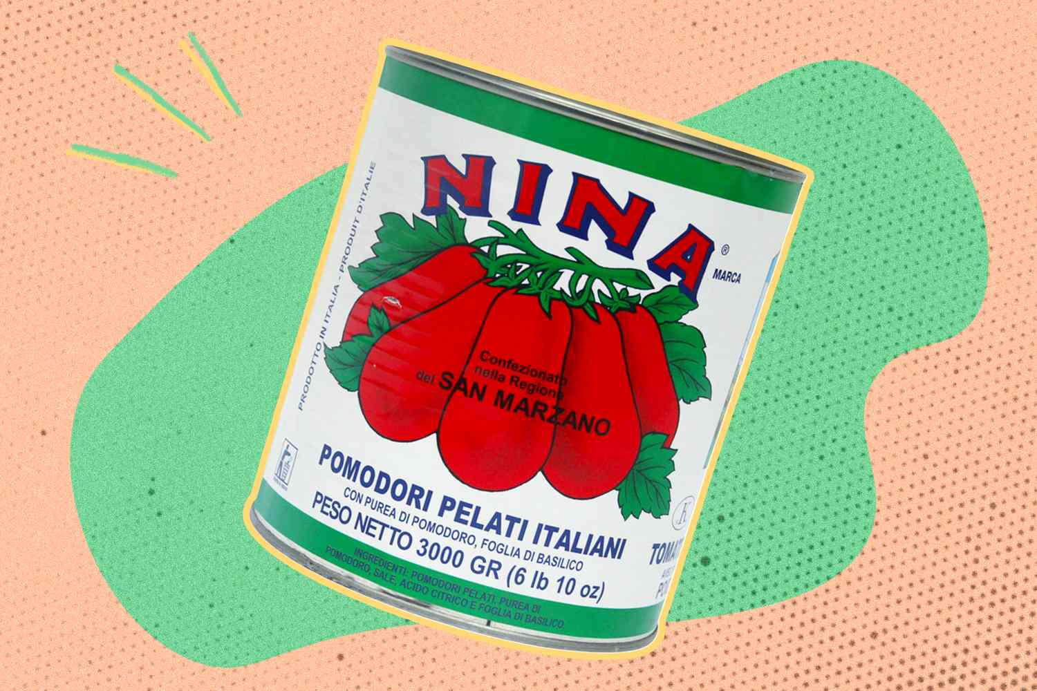 A can of Nina brand San Marzano Italian peeled tomatoes displayed on a colorful background