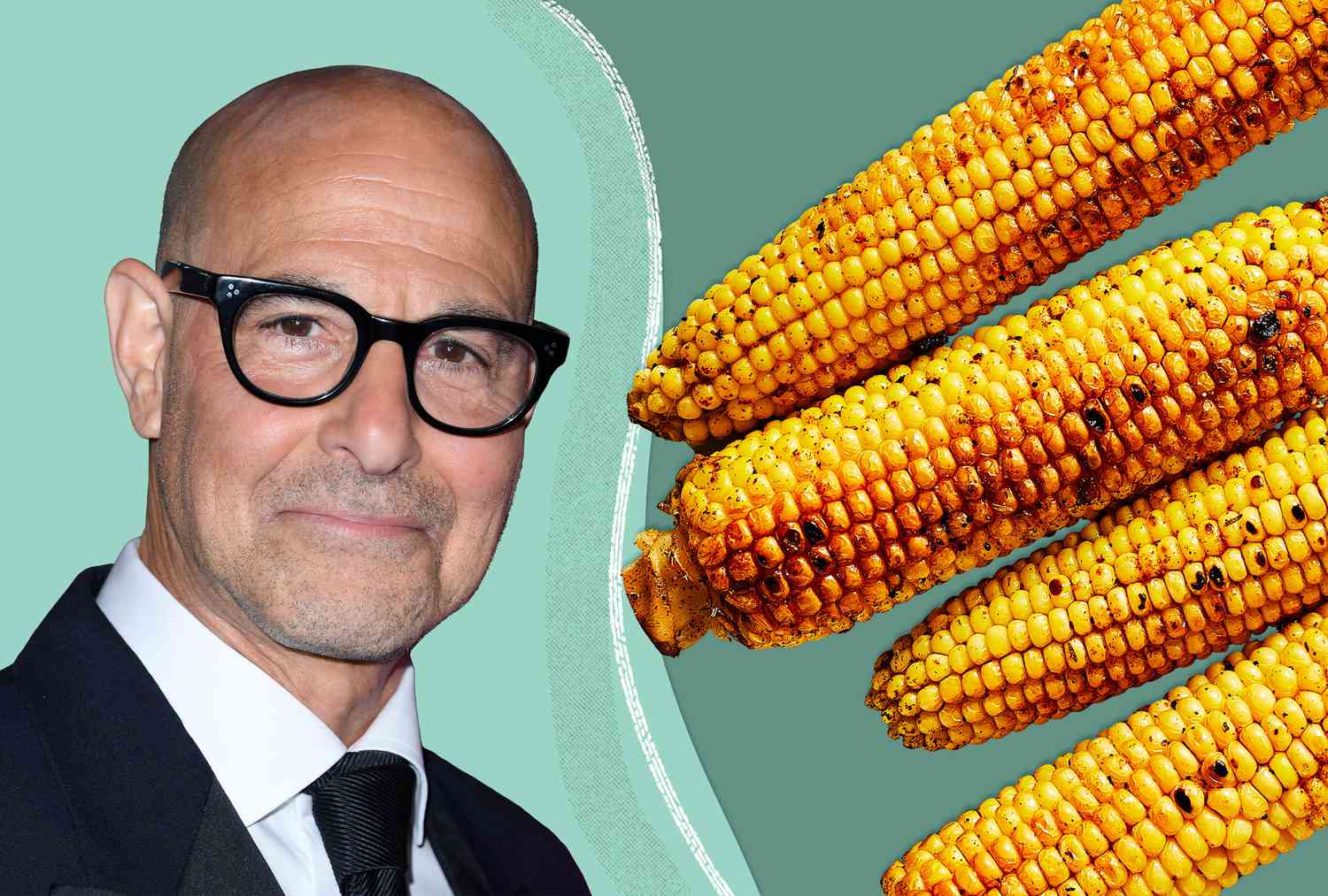 Stanley Tucci in a graphic designed image of him next to ears of corn