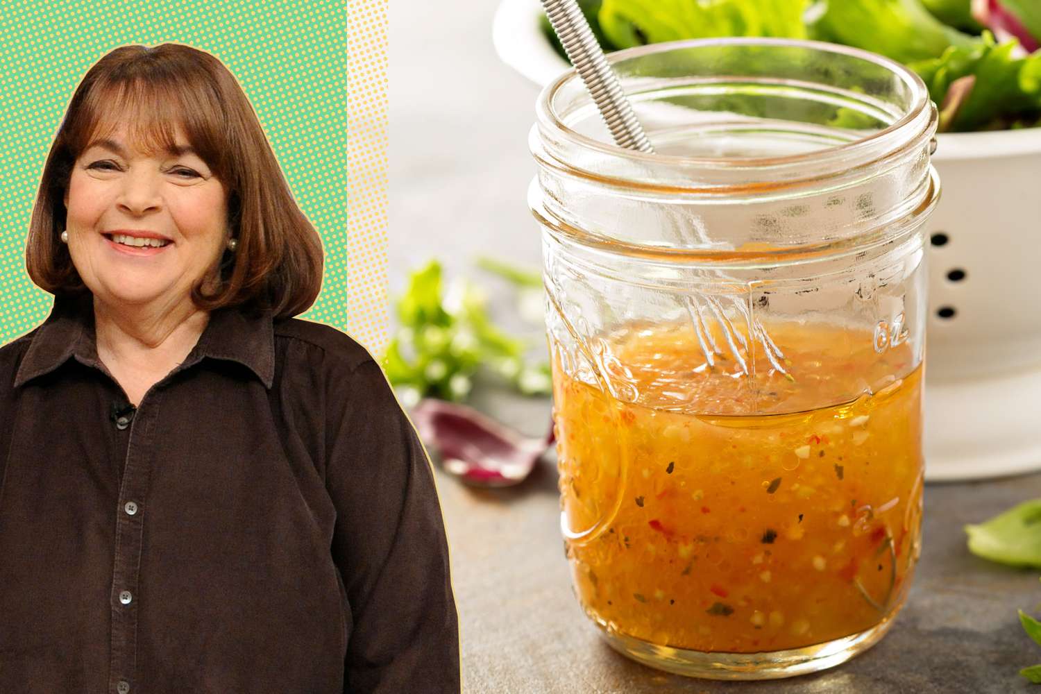 Headshot of Ina Garten wearing a black button-down shirt next to a photo of a mason jar filled with vinaigrette with a tiny whisk in it