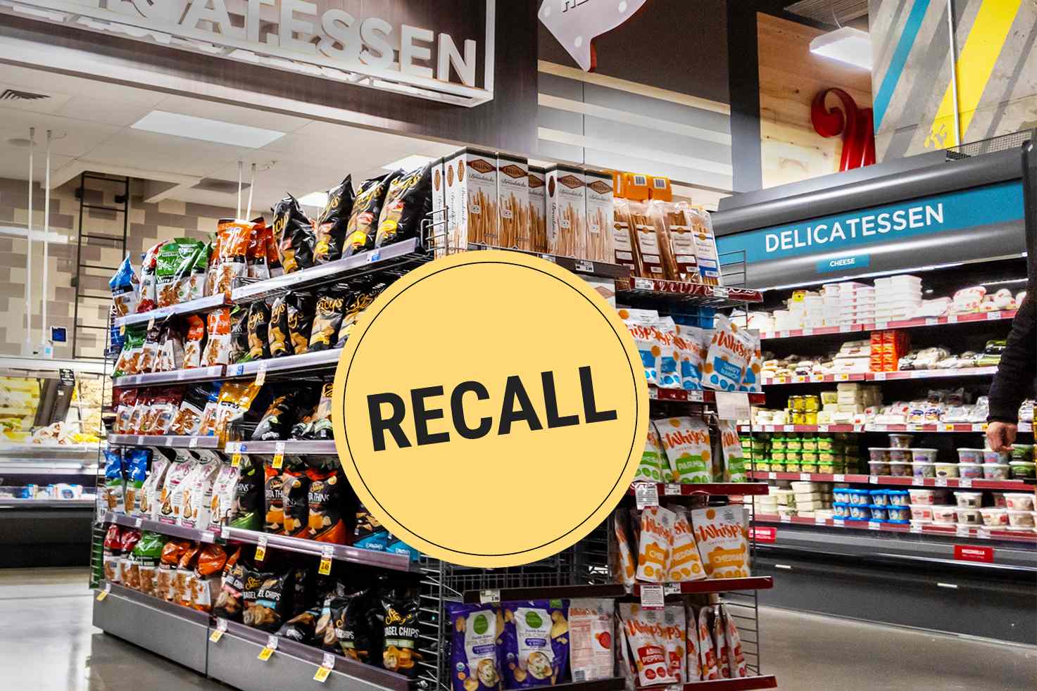 A grocery store aisle with a large recall sign overlaid