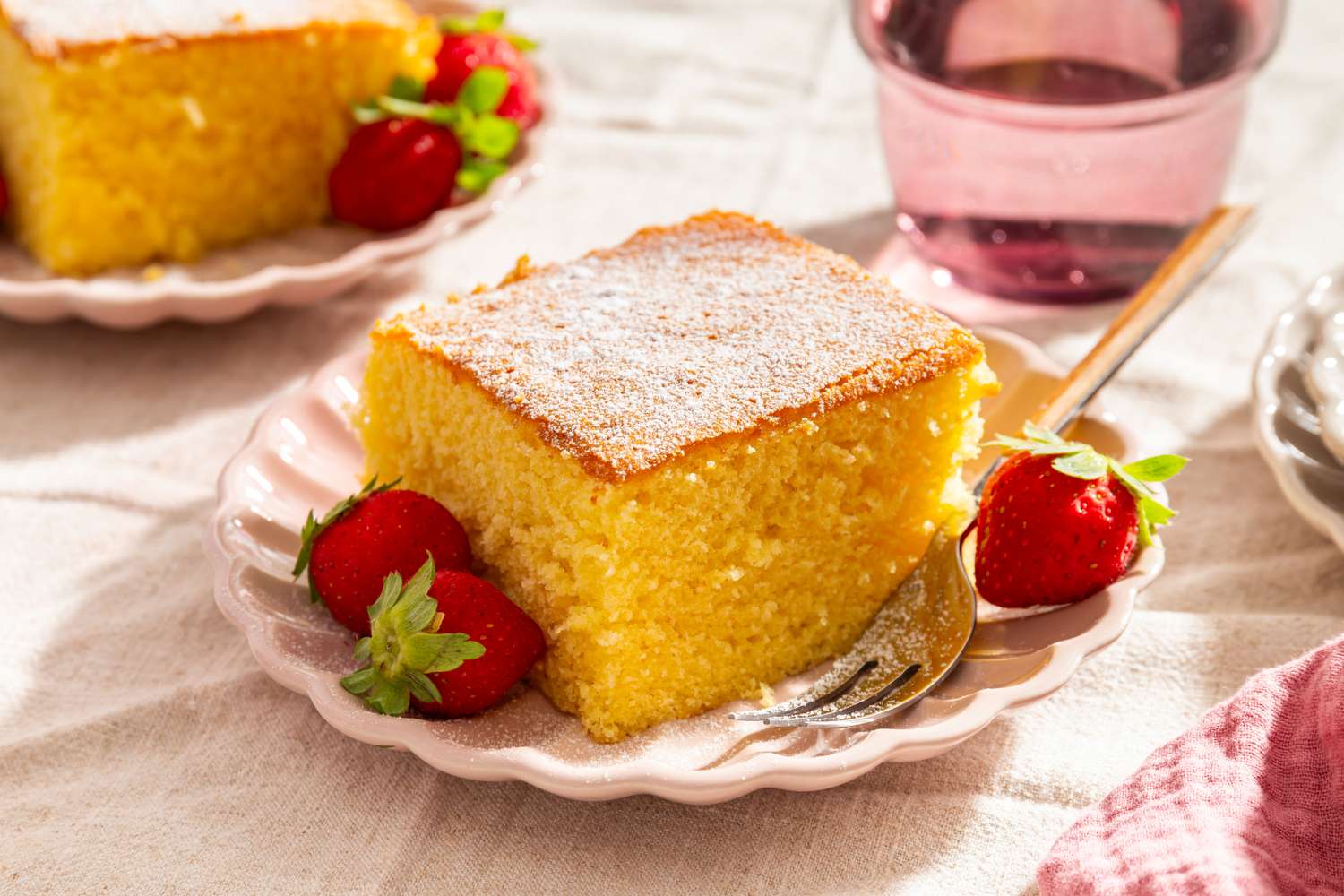 A slice of cake on a plate with strawberries and a fork