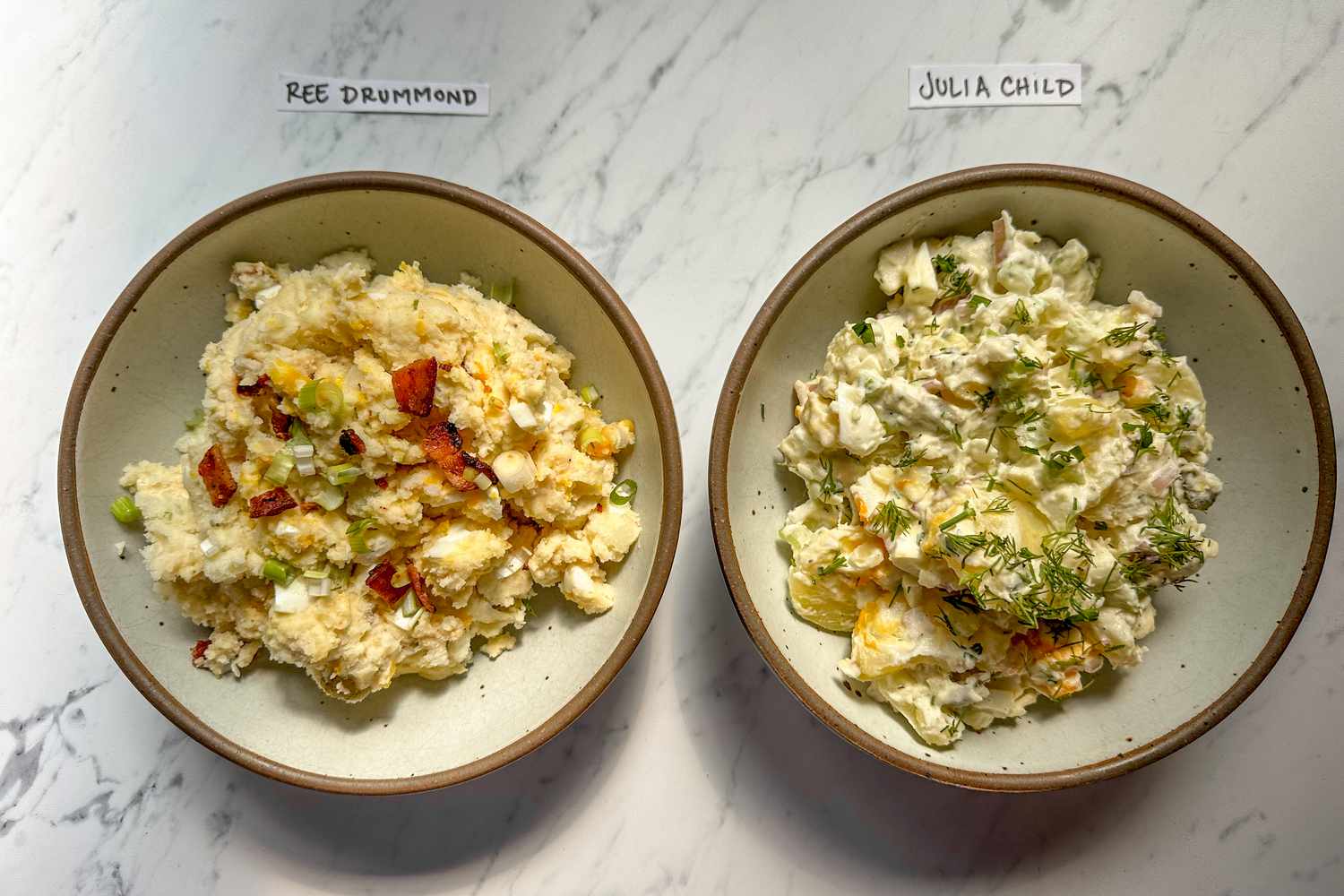 Two bowls of potato salad, labeled Ree Drummond and Julia Child