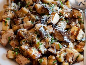 Close-up of Sautéed Eggplant with Garlic and Parmesan