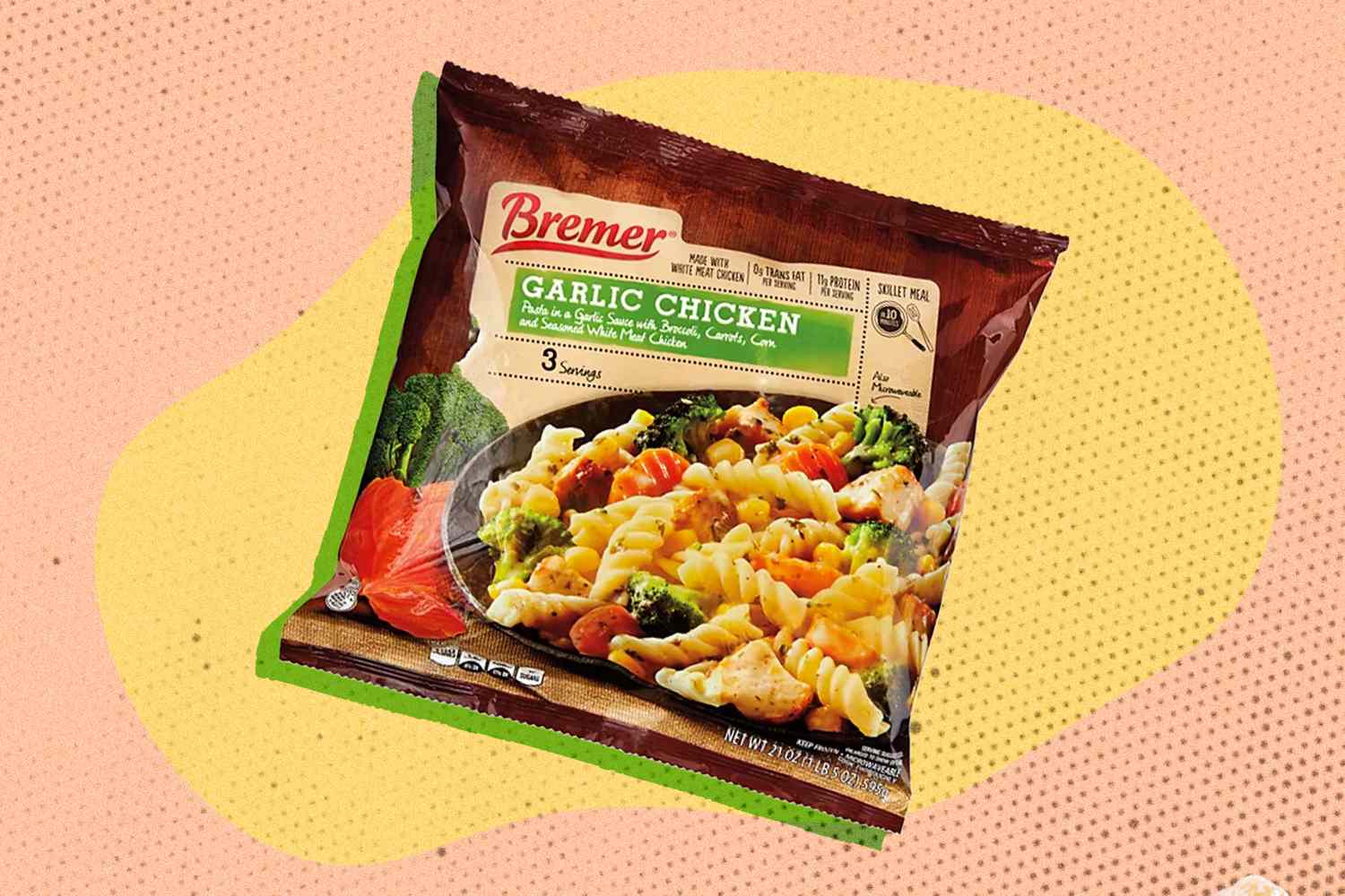 Package of Bremer Garlic Chicken frozen meal on a colorful background