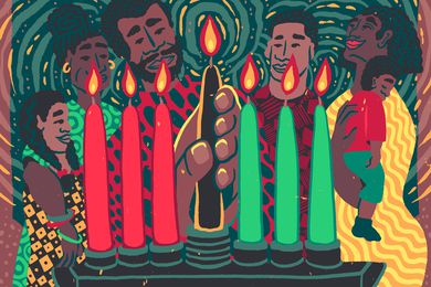 Six Black family members gathered around the kinara—a 7-branched candlestick—as the last, central candle is placed in it