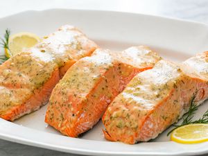 Baked Honey Mustard Salmon on a white platter