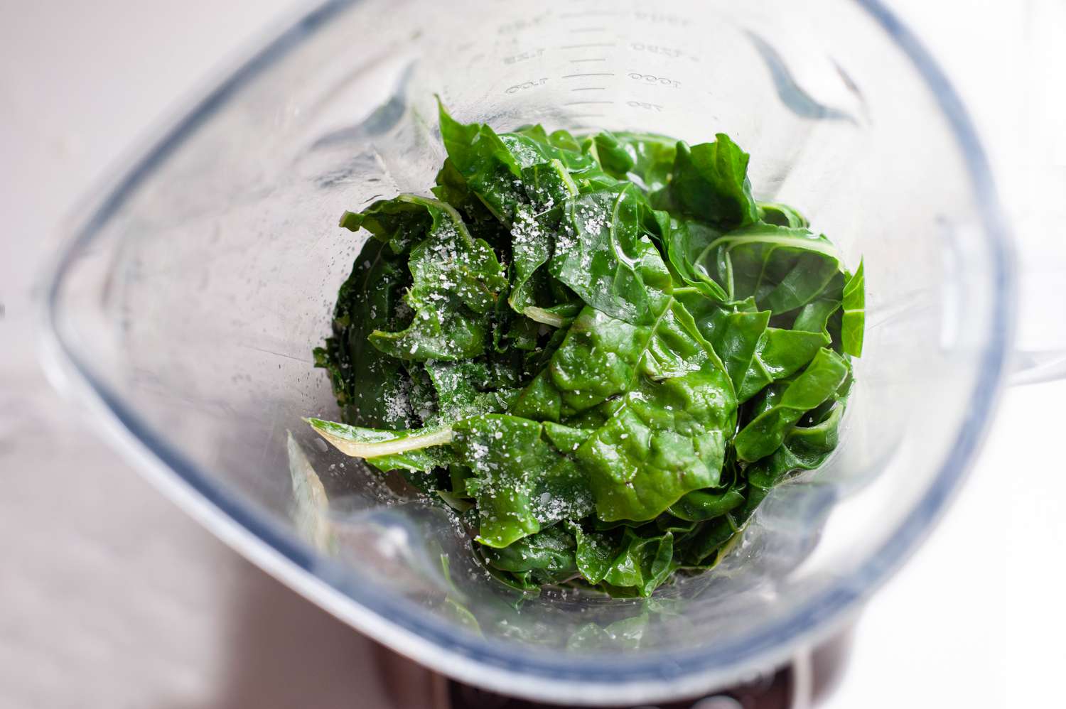 A blender with blanched swiss chard and ingredients to make a simple pasta with green sauce